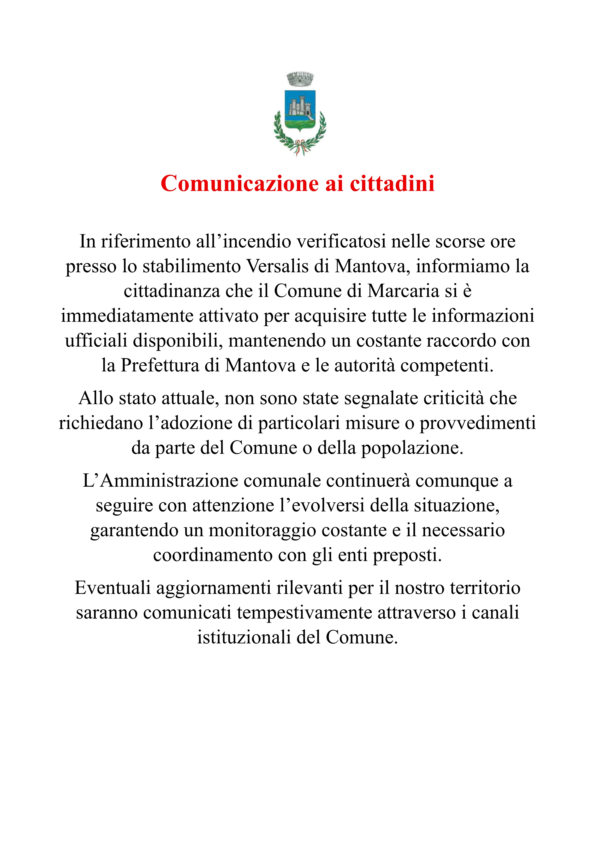 comunicazione ai cittadini incendio Versalis di Mantova