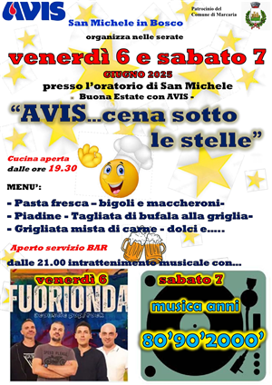 AVIS .....cena sotto le stelle
Campo sportivo parrocchiale di San Michele in Bosco